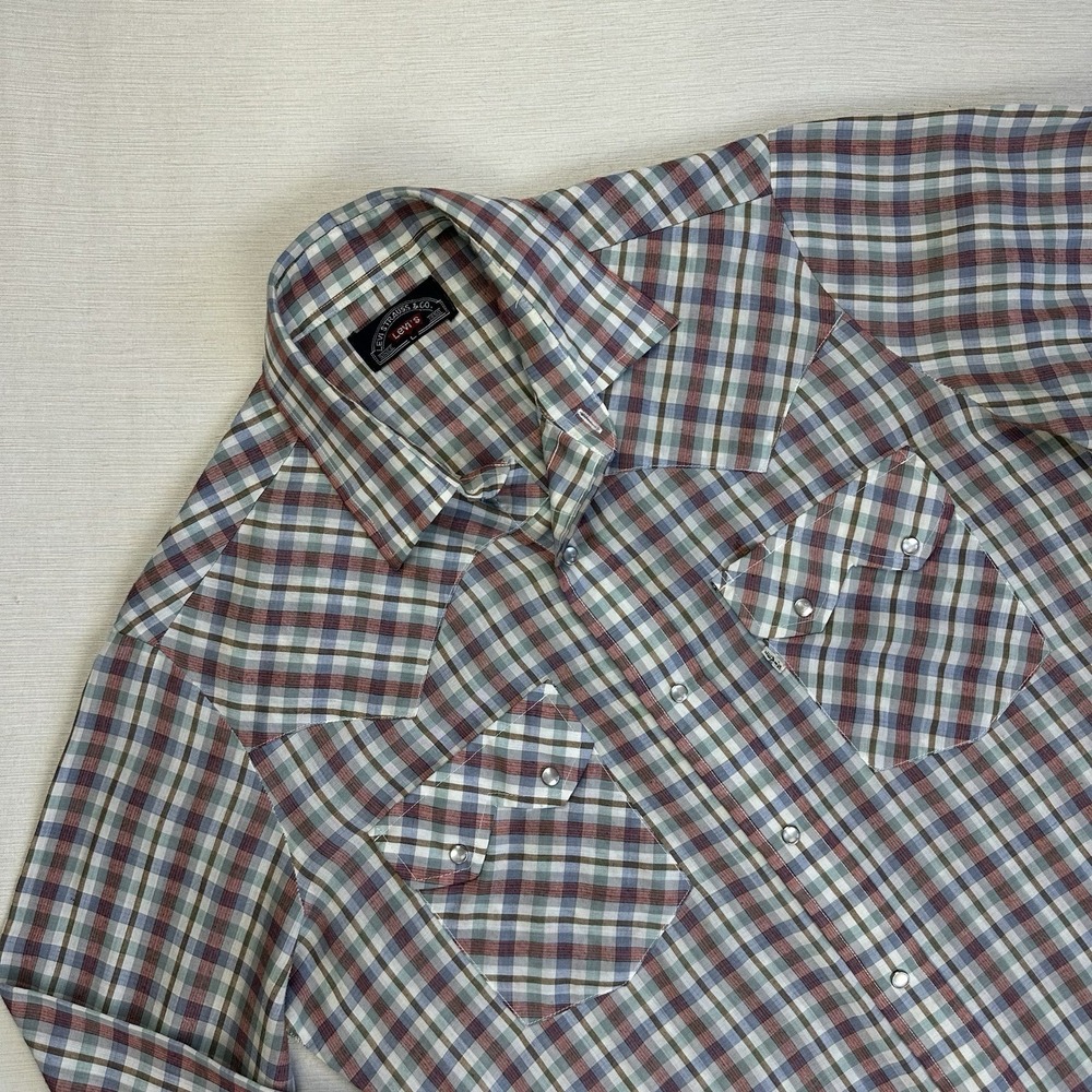 VTG 70s Levis Big E Pearl Snap Shirt Men L Plaid Western Sawtooth Pockets Rodeo - Picture 2 of 10